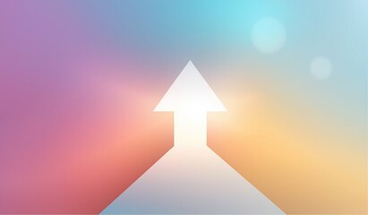 White upward arrow on abstract pastel gradient background symbolizing progress and growth in business or personal life, with a road leading forward for creative projects like banners and posters