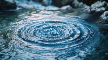 Water Vortex: A mesmerizing view of a swirling water vortex, with concentric circles creating a dramatic visual effect, enhanced by the natural details of the flowing water.