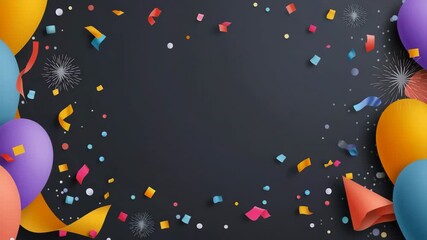A colorful background with a black border and a large amount of confetti. The confetti is in various colors and sizes, and it is falling from the sky. The background is a dark color - Powered by Adobe