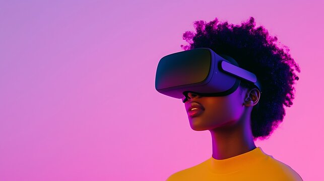 Young woman immersed in virtual reality with neon lighting - Powered by Adobe