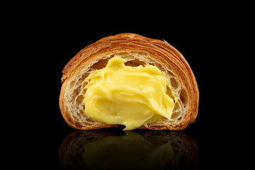 Croissant with Vanilla Custard &ndash; Low angle, glossy reflection, black background