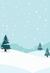 Obraz premium A peaceful winter wonderland scene with pine trees on snowy hills and twinkling stars in a serene blue sky, a perfect festive background for Christmas cards. 