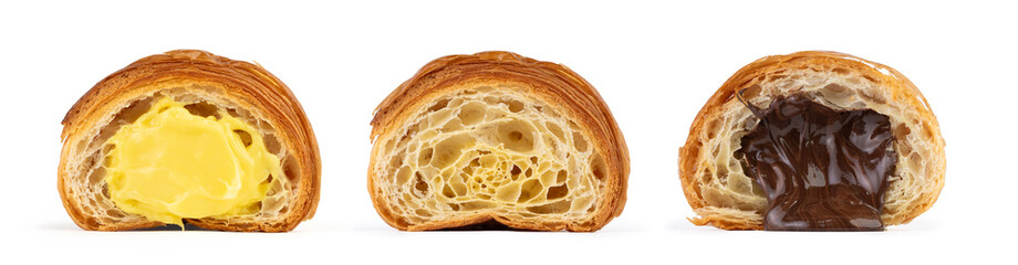 Three Sliced Croissants &ndash; Vanilla, Plain and Chocolate Filling on White Background