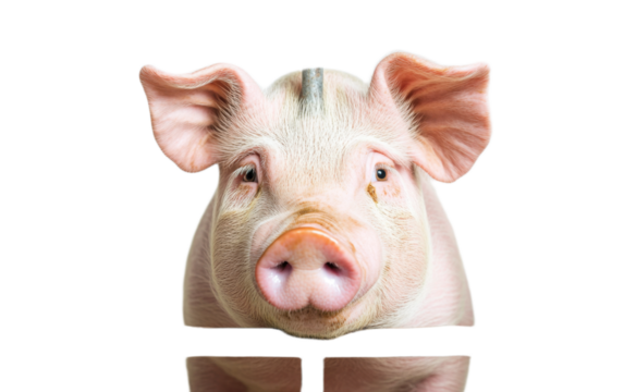 Sad pig looking through gap on white background,png