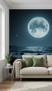 Surreal phone wallpaper of a living room opening to a night ocean with a full moon. Fantasy and dream-like interior design concept.