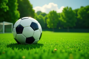 Fototapeta premium Soccer ball in goal, lush green field background , score, match, game