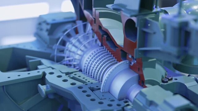 Close-up view of a high-tech industrial turbine cutaway model showing mechanical parts, rotor blades, and internal structure. Advanced engineering design for energy, aerospace or manufacturing use.