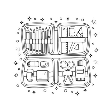 open pencil case with school supplies clip art preview