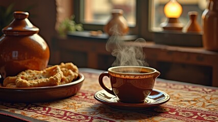 Obraz premium Warm rustic coffee and pastry scene with ceramic elements