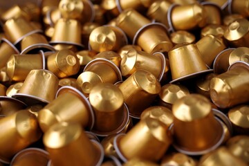 Close-up of golden coffee capsules. Horizontal image with selective focus.