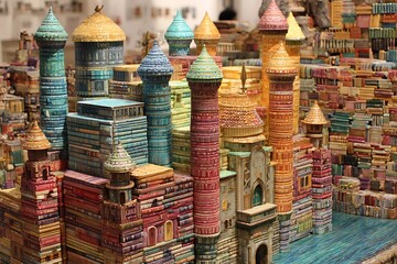 Whimsical book candy castle by serene lake  
