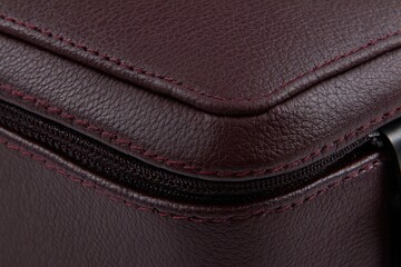 Close-up of a maroon leather zippered case corner