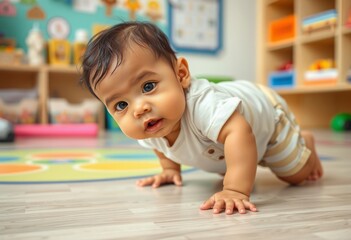 Adorable hispanic baby crawling on floor at kindergarten