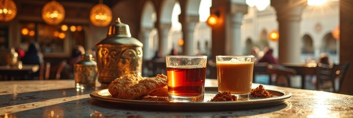 Traditional middle eastern tea and pastries at sunset in courtyard cafe