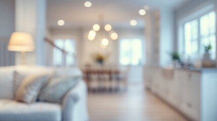 Blurred Background of Cozy Modern Living Room Interior with Beautiful Soft Lighting for Website Backgrounds or Marketing Materials