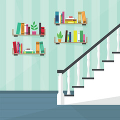 Interior with stairs, bookshelves and plants. Home library. Real estate. Rent, sale.