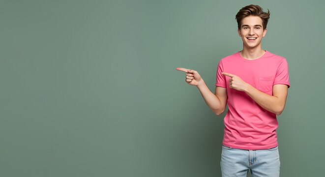 Young Man Gesturing Pink Shirt Casual Pose Studio Portrait Advertising Marketing Presentation Promotion Excited Expression Copy Space