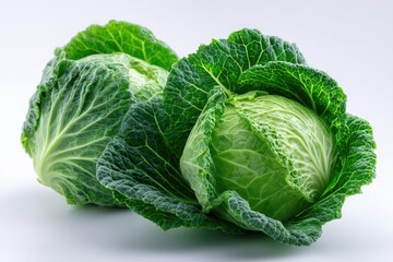 Fototapeta premium Two fresh cabbages, vibrant green leaves