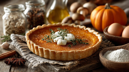 Delicious freshly baked pumpkin pie decorated with thyme for thanksgiving day