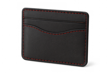 Black leather card holder with distinctive red stitching, presenting sleek design and refined craftsmanship against transparent backdrop