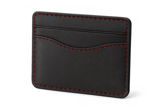 Black leather card holder with distinctive red stitching, presenting sleek design and refined craftsmanship against transparent backdrop