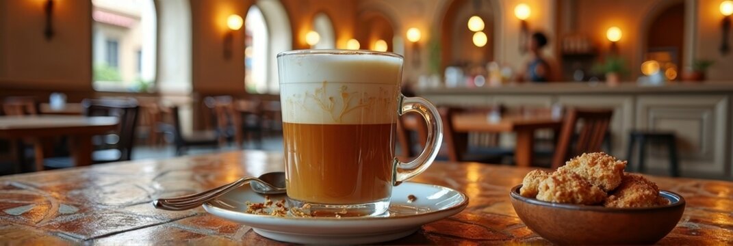 Cozy cafe ambience with cappuccino glass and biscotti on rustic table