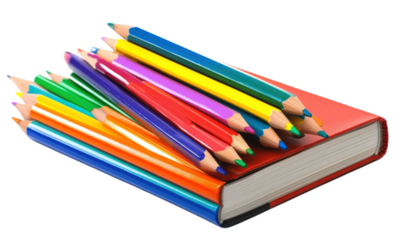 School books with colorful pencil on white background,png
