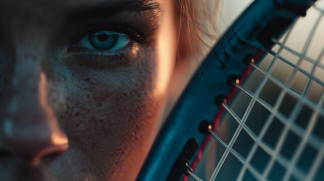 Tennis player holding racket showing determination and focus