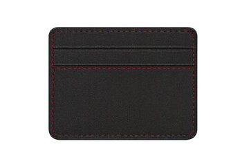 Sleek black leather wallet with contrasting red stitching, highlighting premium craftsmanship and minimalist design against transparent backdrop