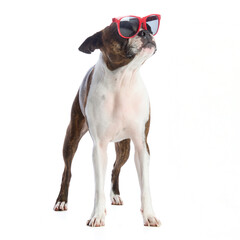 Boston Terrier dog with accessories and clothing on a white background