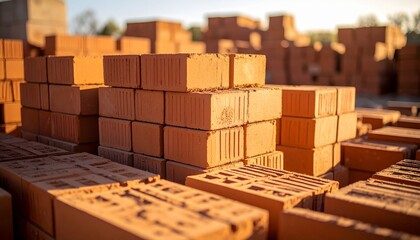 Obraz premium Warm sunlight illuminates piles of redbricks, essential materials for modern construction and building industry development.
