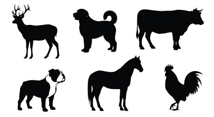 Vector silhouette illustration silhouettes of a dog and a horse, representing domestic animals in a simple black and white composition