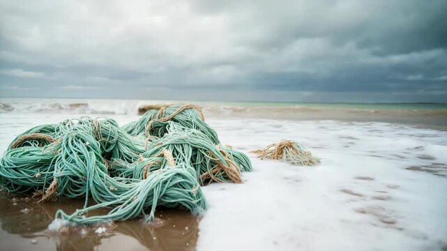 Fishing nets washed ashore on beach, tangled and abandoned on sand, washed by the waves. Fishing nets washed ashore form a heap of turquoise and tan rope against background of ominous clouds, sea.