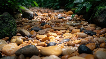Stream of Stones: A captivating image of a stream bed composed of an array of stones, surrounded by lush vegetation. A serene scene that evokes tranquility and the beauty of nature.