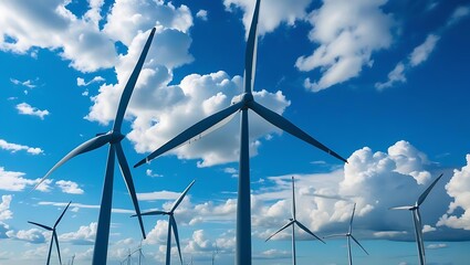 Wind turbines under a bright blue sky with fluffy clouds, wide-angle landscape shot symbolizing clean energy and sustainable power  
