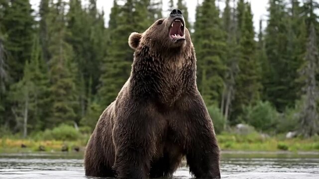 A brown bear stands in water roaring with mouth wide open surrounded by green trees
