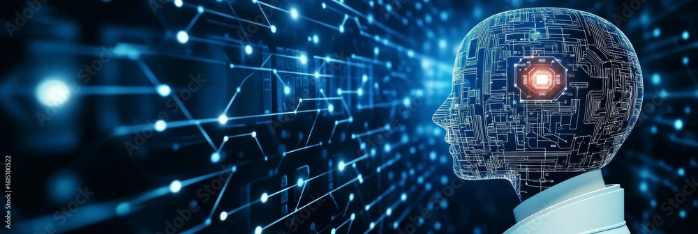 Poster abstract visualization of a futuristic artificial intelligence brain with neural network connections