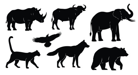 Vector silhouette illustration silhouettes of wildlife including an eagle, wolf, buffalo, and rhinoceros in natural habitats