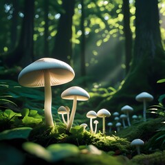 Close-up of white mushrooms on a mossy forest floor with dark green foliage. A moody, natural woodland scene ideal for nature, forest photography, and botanical stock visuals.


