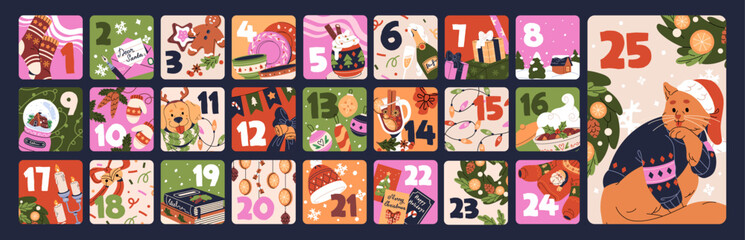 Design of Christmas advent calendar with winter holiday items. Template with ornaments and figures to countdown days until Xmas. Cute layout for presents, gifts, surprises. Flat vector illustration