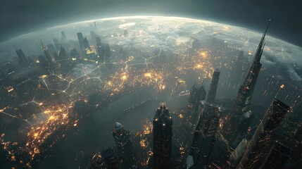 Futuristic Cityscape at Night: A sweeping aerial perspective unveils a futuristic city, its skyscrapers piercing the twilight sky as a network of illuminated streets pulses with energy and innovation.