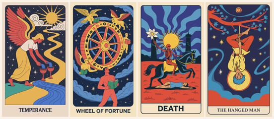 Vector illustration set of tarot cards, The Temperance, Death, Hanged Man, Wheel of Fortune. Mystic art design for divination, esoteric themes, and spiritual decor.