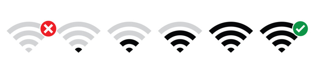 Wi-Fi Wireless Internet Signal Strength Icons Set, Wireless Internet Connection. Internet No Signal to Full Signals. Vector Illustration.