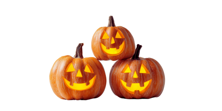 Three glowing carved halloween pumpkins stacked together isolated on transparent background