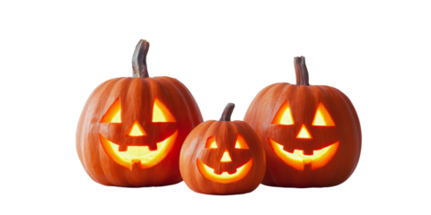 Three glowing jack o lanterns isolated on transparent background