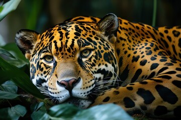 Obraz premium Jaguar resting with intense gaze and rosettes
