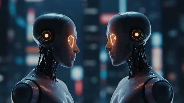 A Captivating Encounter Between Two Robots, Each Featuring Illuminated Heart-Shaped Displays in Their Eyes, Symbolizing Connection and Emotion in a Futuristic Setting