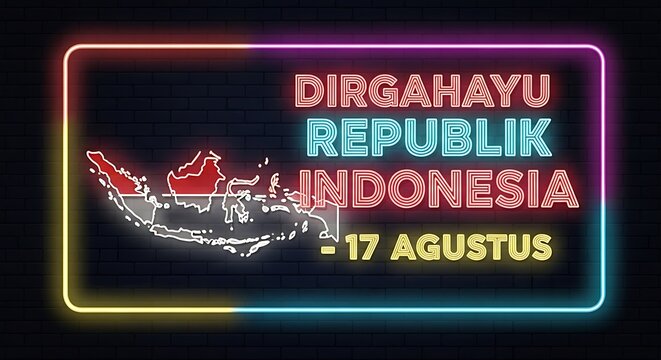 Glowing Neon "Dirgahayu Republik Indonesia" Sign with Map on Dark Brick Wall for August 17th Celebration - Powered by Adobe