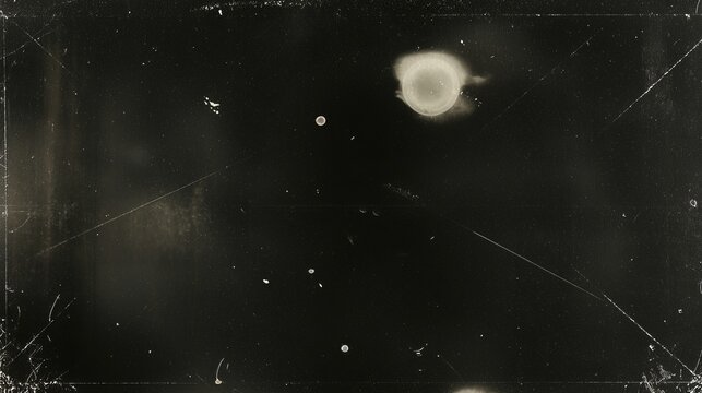 Vintage film effect with scratches and dust on dark background. Vintage scratched photo overlay texture with dark background and light spots. 