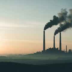 Industrial pollution: factory chimneys emit dark smoke into a hazy morning landscape.